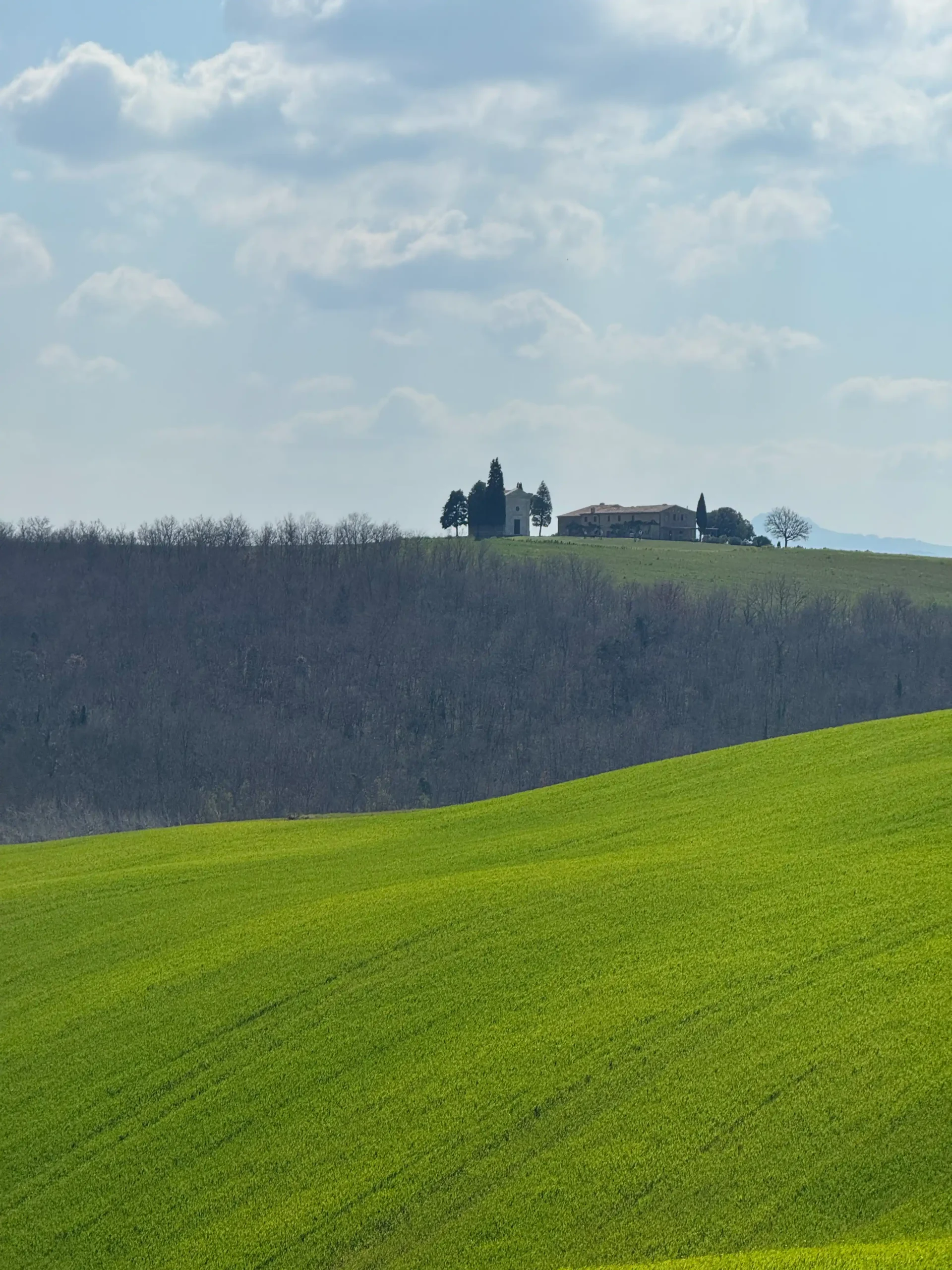 Toskana su kūdikiu: 4 naktys Chianti regione (patirtis 2026) Val d'Orcia pavasarį — žalios bangos ir viensėdis ant kalvos, Toskana