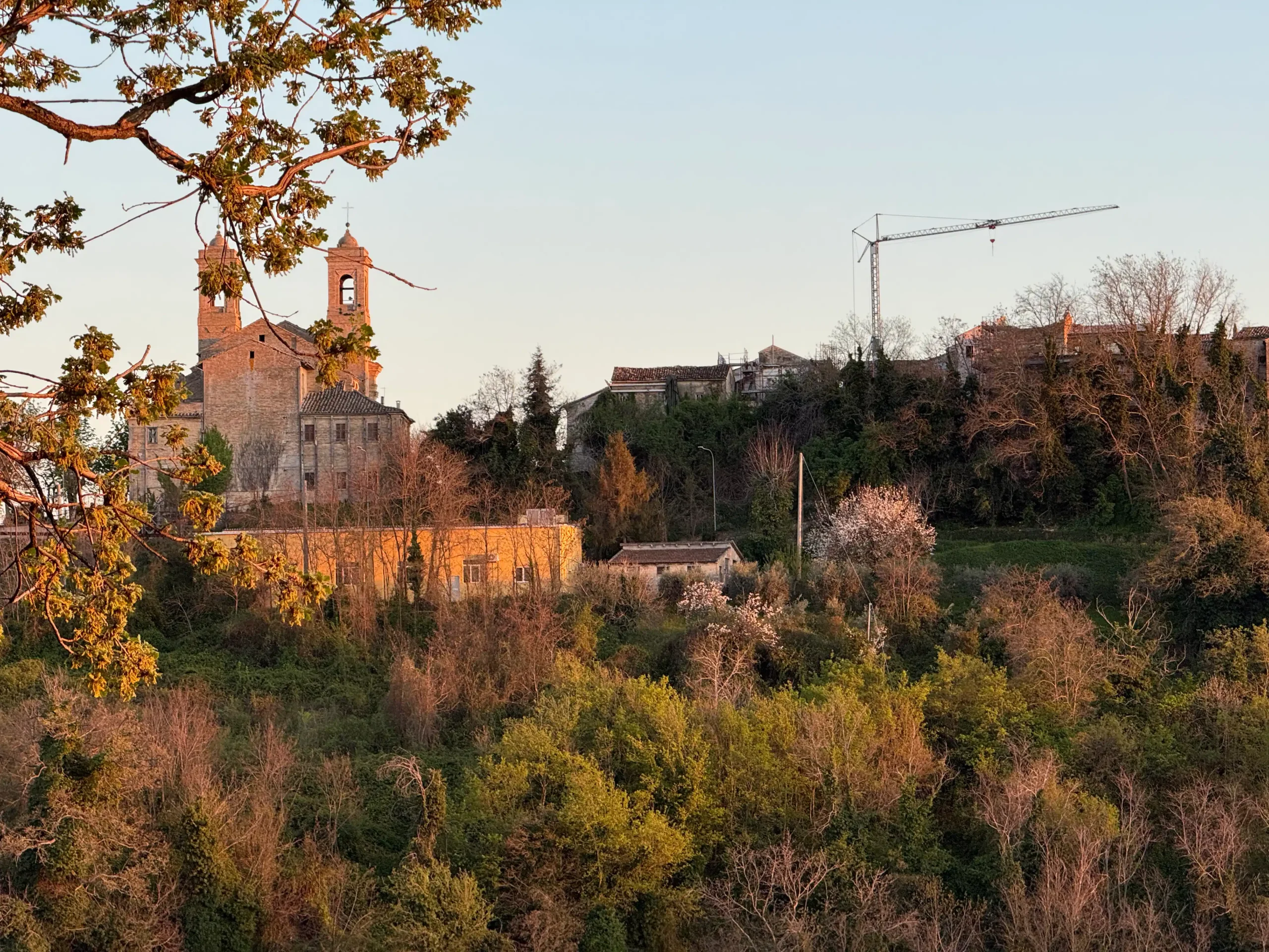 Marche su kūdikiu: Fermo ir slaptas Italijos perlas (2026) Itališko miestelio bažnyčia su varpiniais bokštais aukso spalvos vakaro šviesoje, apsuptais žaliais medžiais