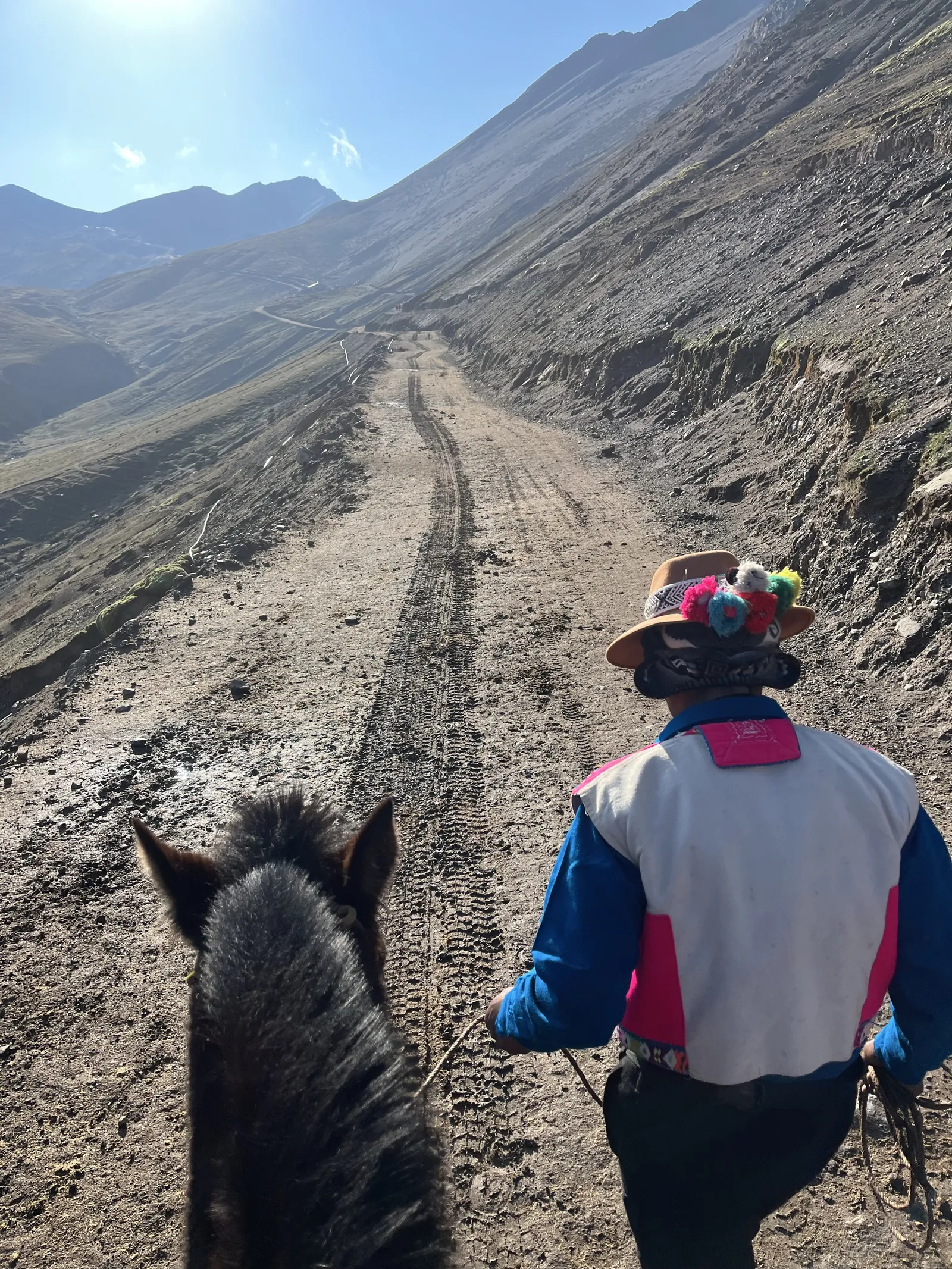 Peru gidas su tradicine skrybėle veda žirgą dulkėtu kalnų taku Vaivorykštės kalno regione