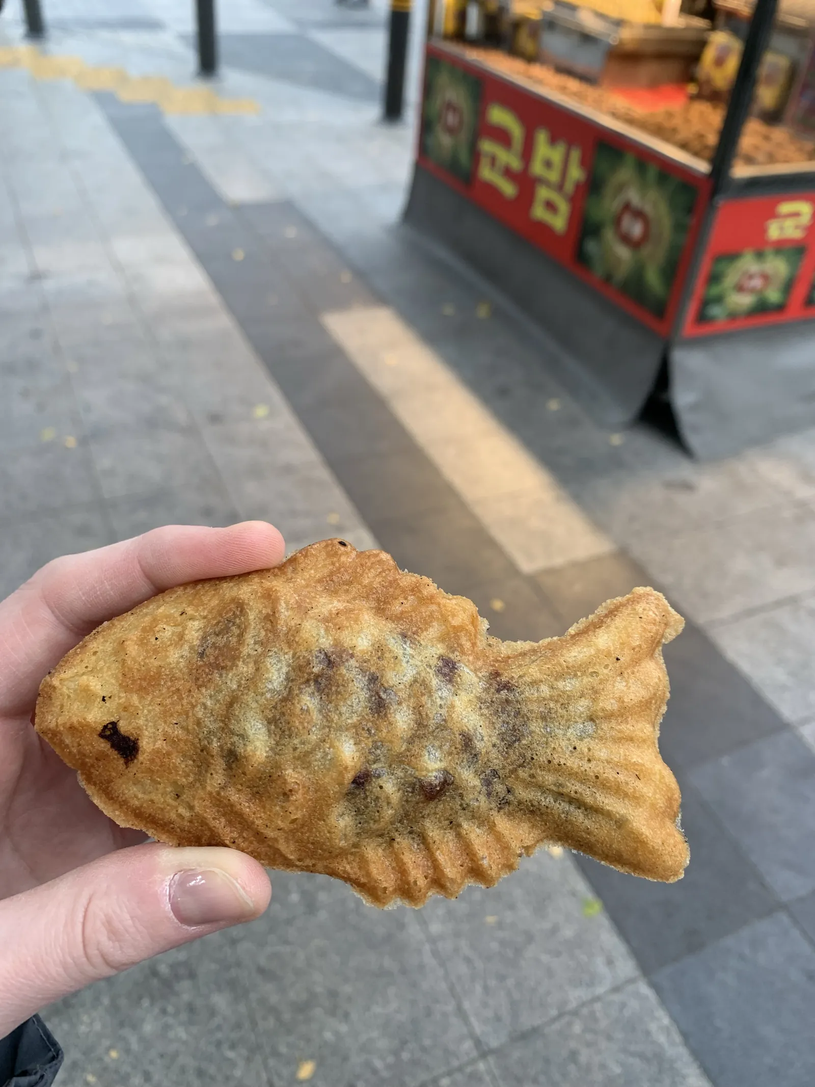 Bungeoppang — žuvies formos saldus blynelis rankoje prie gatvės stendo